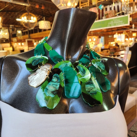 Green, Blue and Goldtone Statement Necklace with Earrings Set - Picture 9 of 16